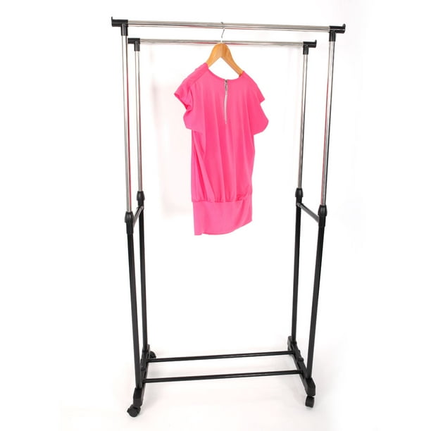 Double Bar Rail Adjustable Portable Clothes Dry Hanger Rolling Garment Rack O3W2